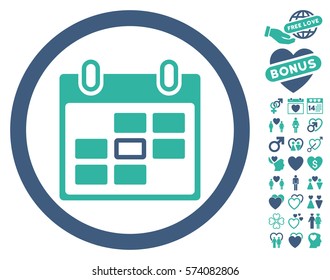 Calendar Day icon with bonus lovely images. Vector illustration style is flat rounded iconic cobalt and cyan symbols on white background.