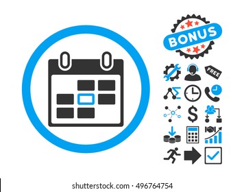 Calendar Day icon with bonus pictogram. Vector illustration style is flat iconic bicolor symbols, blue and gray colors, white background.