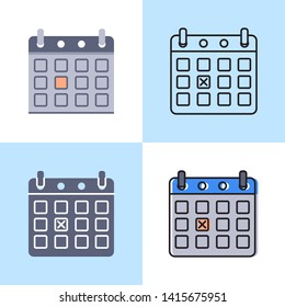 Calendar with day marked icon set in flat and line style. Organizer symbol. Vector illustration.