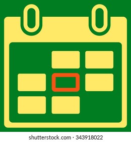 Calendar Day vector icon. Style is bicolor flat symbol, orange and yellow colors, rounded angles, green background.