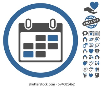 Calendar Days icon with bonus love pictograms. Vector illustration style is flat rounded iconic cobalt and gray symbols on white background.