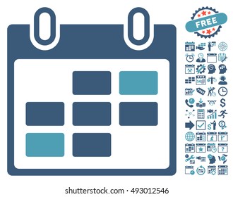 Calendar Days icon with bonus calendar and time management graphic icons. Vector illustration style is flat iconic bicolor symbols, cyan and blue colors, white background.