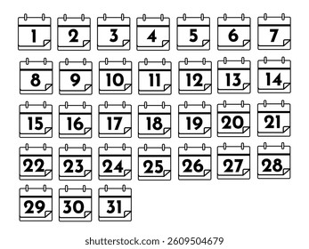 Calendar with days of the month set large editable
Days of the month from 1 to 31 calendar vector