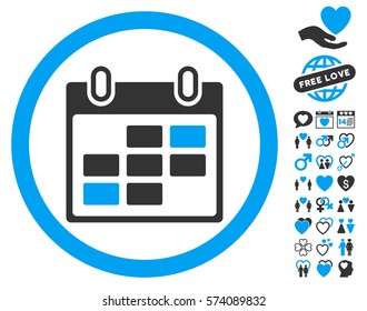 Calendar Days pictograph with bonus dating graphic icons. Vector illustration style is flat rounded iconic blue and gray symbols on white background.