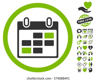 Calendar Days pictograph with bonus love images. Vector illustration style is flat rounded iconic eco green and gray symbols on white background.