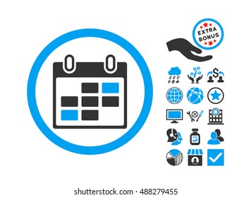 Calendar Days pictograph with bonus pictogram. Vector illustration style is flat iconic bicolor symbols, blue and gray colors, white background.