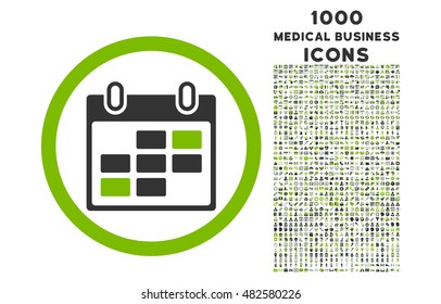 Calendar Days rounded vector bicolor icon with 1000 medical business icons. Set style is flat pictograms, eco green and gray colors, white background.