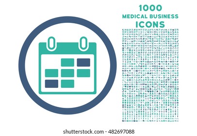 Calendar Days rounded vector bicolor icon with 1000 medical business icons. Set style is flat pictograms, cobalt and cyan colors, white background.