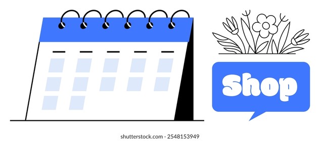 Calendar with days in rows beside a flower bouquet and shop sign in speech bubble. Ideal for planning, scheduling, commerce, floral businesses, and online stores. Simple and clean vector style