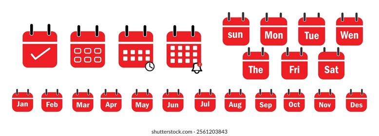 Calendar, days , week, month icon. calendar symbol of every day, week  month . Collection of calendar symbols. Vector icon. rad calendar, icon set for the week  month. 10 eps.