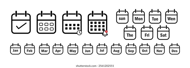 Calendar , days of the week, month. Set every day a week  month . Collection of calendar symbols. Vector icon. black and white calendar, icon set for the week  month. 10 eps.