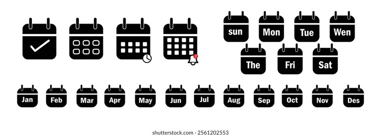 Calendar , days of the week, month. Set every day a week  month . Collection of calendar symbols. Vector icon. black and white calendar, icon set for the week  month. 10 eps.