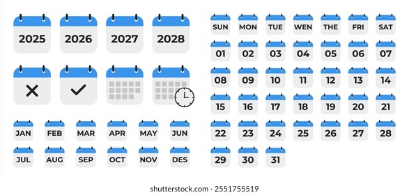 Calendar , days of the week. Set every day a week . Collection of calendar symbols. Vector icon. Flat, blue and white calendar, icon set for the week. Vector illustration.