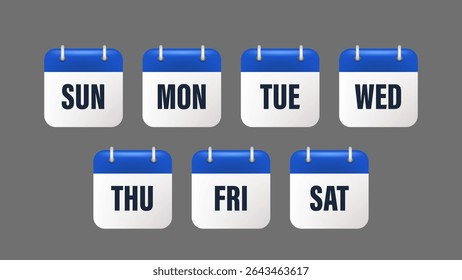 Calendar days of the week. Working days as Monday, Tuesday and Wednesday, Thursday or Friday. Event schedule date. Calendar weekend as Saturday, Sunday. Date reminder tags. 