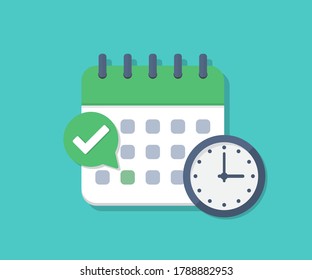 Calendar deadline with check and clock in a flat design