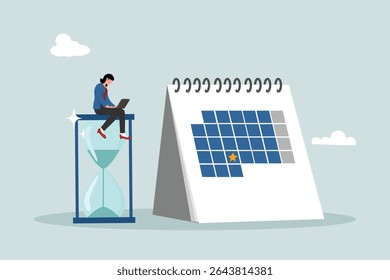 Calendar deadline to complete work, time countdown until launch date, reminder or planner, organize work or project management concept, businessman working with laptop on sand glass and calendar date.