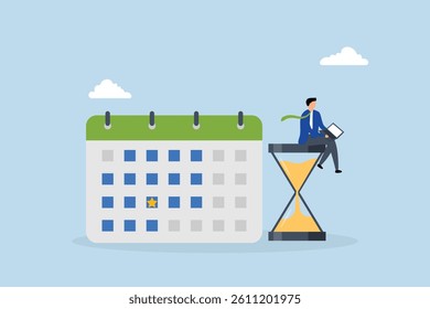 Calendar deadline to finish work, Businesswoman using laptop on desk with hourglass and calendar date. 