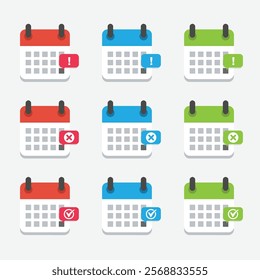 Calendar deadline notice or event reminder set notification icon, flat of calendar with alert for scheduling, event planning, important day, agenda symbol note, and notice