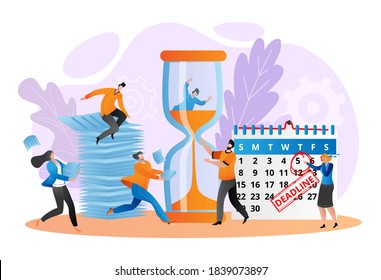 Kalender Frist für die Arbeit Arbeit flach Konzept, Vektorgrafik. Menschen Charakter suchen nach Plan Zeitplan im Bürodesign. Terminverwaltung für Veranstaltung, Mitarbeiter in der Nähe des Projektplaners.