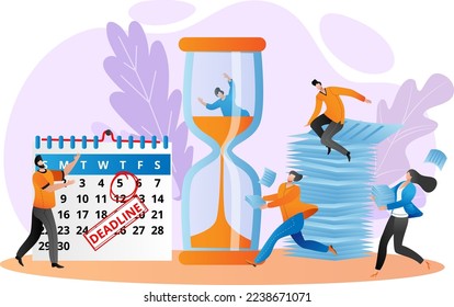 Calendar deadline time for business work flat concept, vector illustration. People character look for plan schedule in office design.