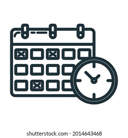 Calendar deadline time icon, educational institution process, back to school outline flat vector illustration, isolated on white. Concept supplies symbol, community college.
