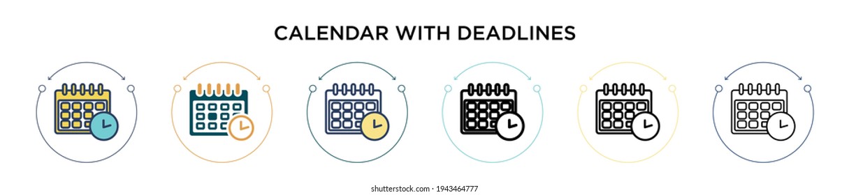 Calendar with deadlines icon in filled, thin line, outline and stroke style. Vector illustration of two colored and black calendar with deadlines vector icons designs can be used for mobile, ui, web