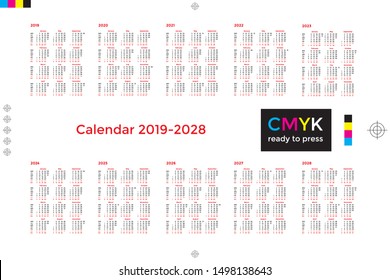 Calendar for decade 2019, 2020, 2021, 2022, 2023, 2024, 2025, 2026, 2027, 2028. Months and week days in English, Starts Monday. Ready for use in planning business. CMYK color space for Offset printing