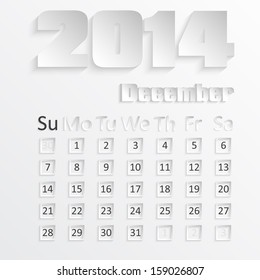 Calendar of December 2014 with the 3D image, vector