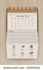 Calendar december 2014, Creative folded paper with business icon on wood texture background, workflow layout, diagram, step up options, web banner template, Vector illustration modern template design