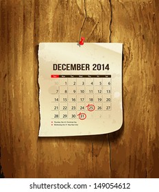 Calendar December 2014, vintage paper on wood background, vector illustration