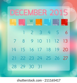 Calendar December 2015. Flat style background.