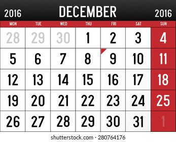 Calendar for December, 2016