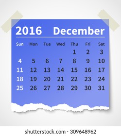 Calendar december 2016 colorful torn paper. Vector illustration