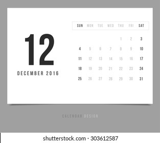 Calendar December 2016 vector design template - Minimalism Style