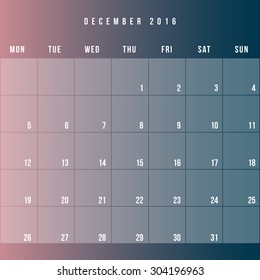 Calendar December 2016 vector design template - Minimalism Style