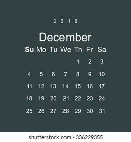 Calendar December 2016 vector design. Week starts from Sunday.