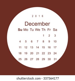 Calendar December 2016 vector design. Week starts from Sunday.