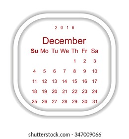 Calendar December 2016 vector design. Week starts from Sunday.