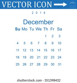 Calendar December 2016 vector design. Week starts from Sunday. icon