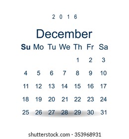 Calendar December 2016 vector design. Week starts from Sunday. icon