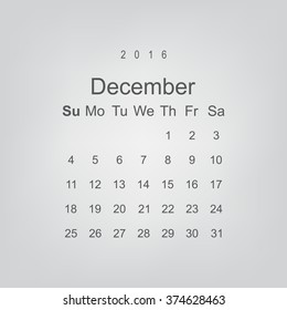 Calendar December 2016 vector design. Week starts from Sunday.