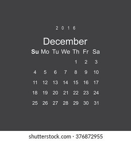 Calendar December 2016 vector design. Week starts from Sunday.