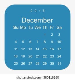 Calendar December 2016 vector design. Week starts from Sunday.