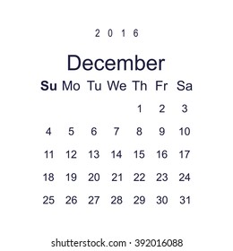 Calendar December 2016 vector design. Week starts from Sunday.