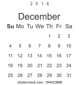 Calendar December 2016 vector design. Week starts from Sunday.