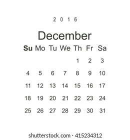 Calendar December 2016 vector design. Week starts from Sunday.