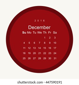 Calendar December 2016 vector design. Week starts from Sunday.
