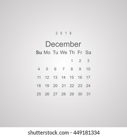Calendar December 2016 vector design. Week starts from Sunday.