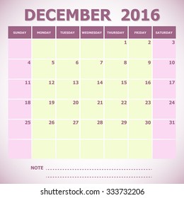 Calendar December 2016 week starts Sunday, stock vector