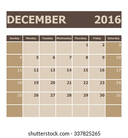 Calendar December 2016, week starts from Sunday, stock vector
